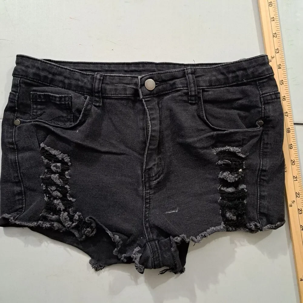 Shein Cut-Off Jean Shorts Women's Size: L 40/42 8/10 Black Denim Stretch